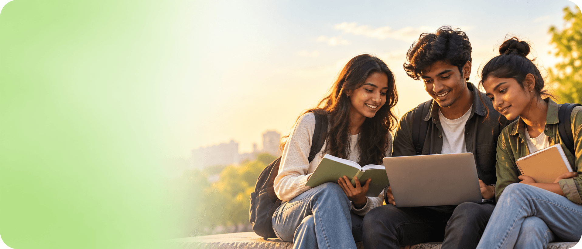 Students studying together outdoors at sunset