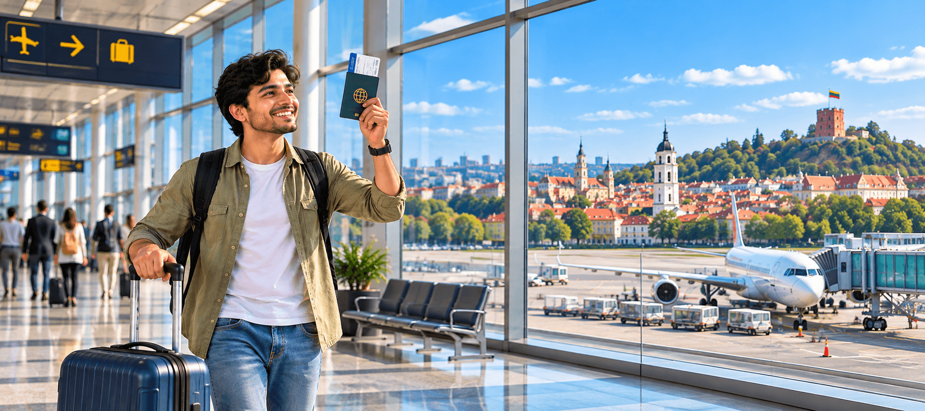 Student holding a passport, ready to travel