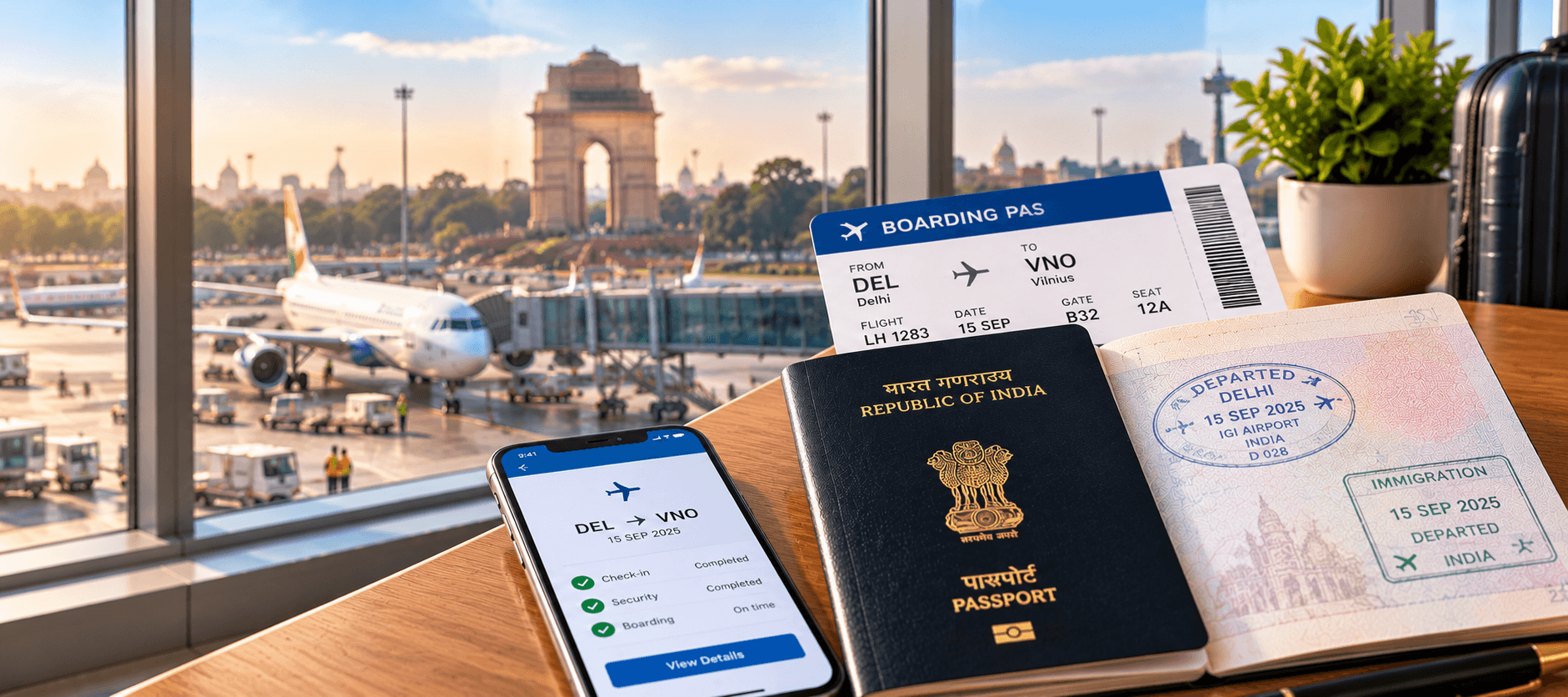 Passport and boarding pass ready for travel to India