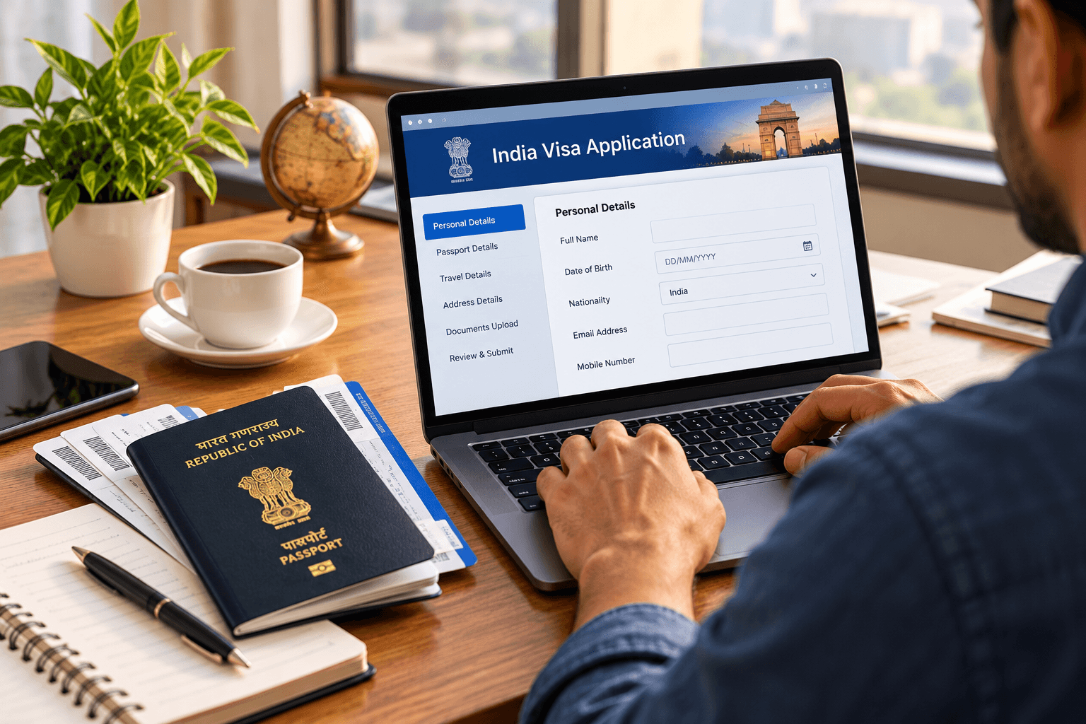 Traveller filling in an online visa application with a passport beside them