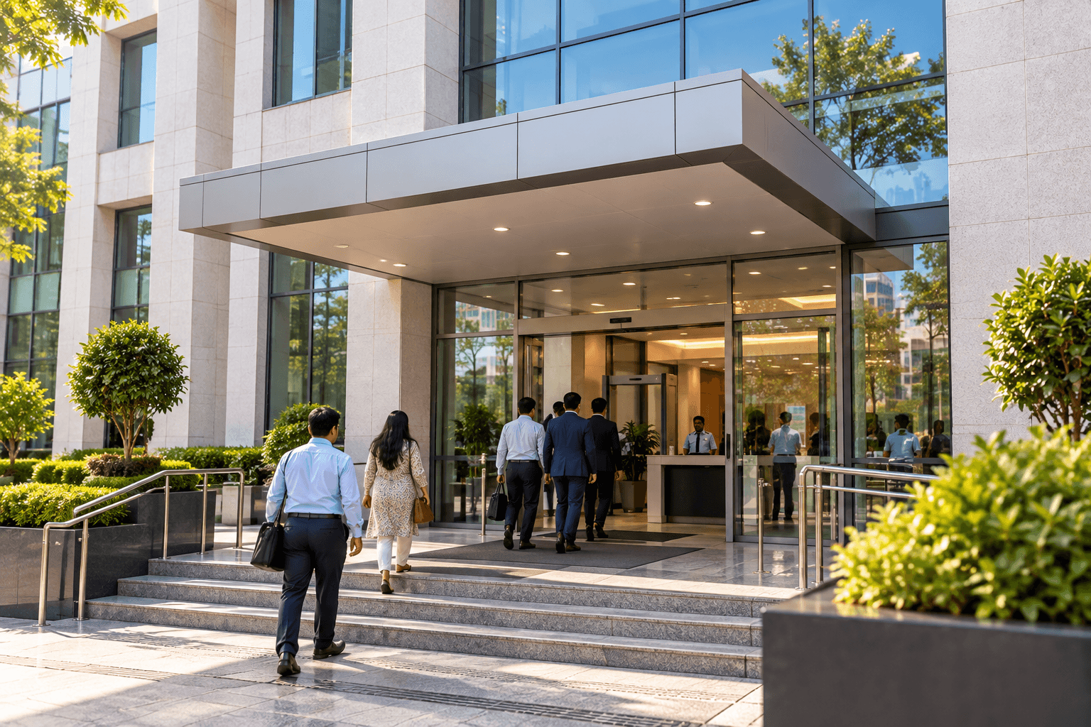 Entrance of an embassy-style office building